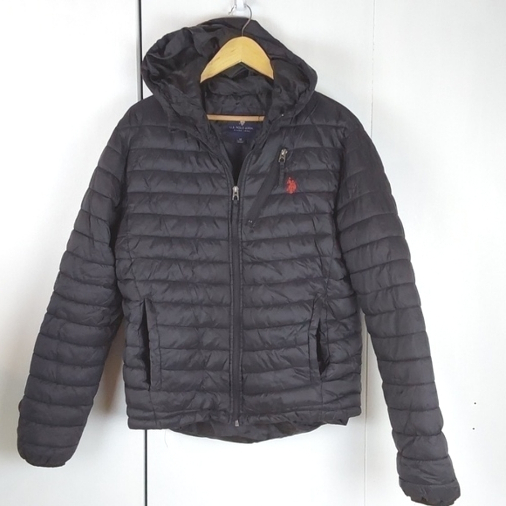 US Polo| Mens Black Classic Red Pony Hooded Puffer Coat Preppy Luxury Sz.M